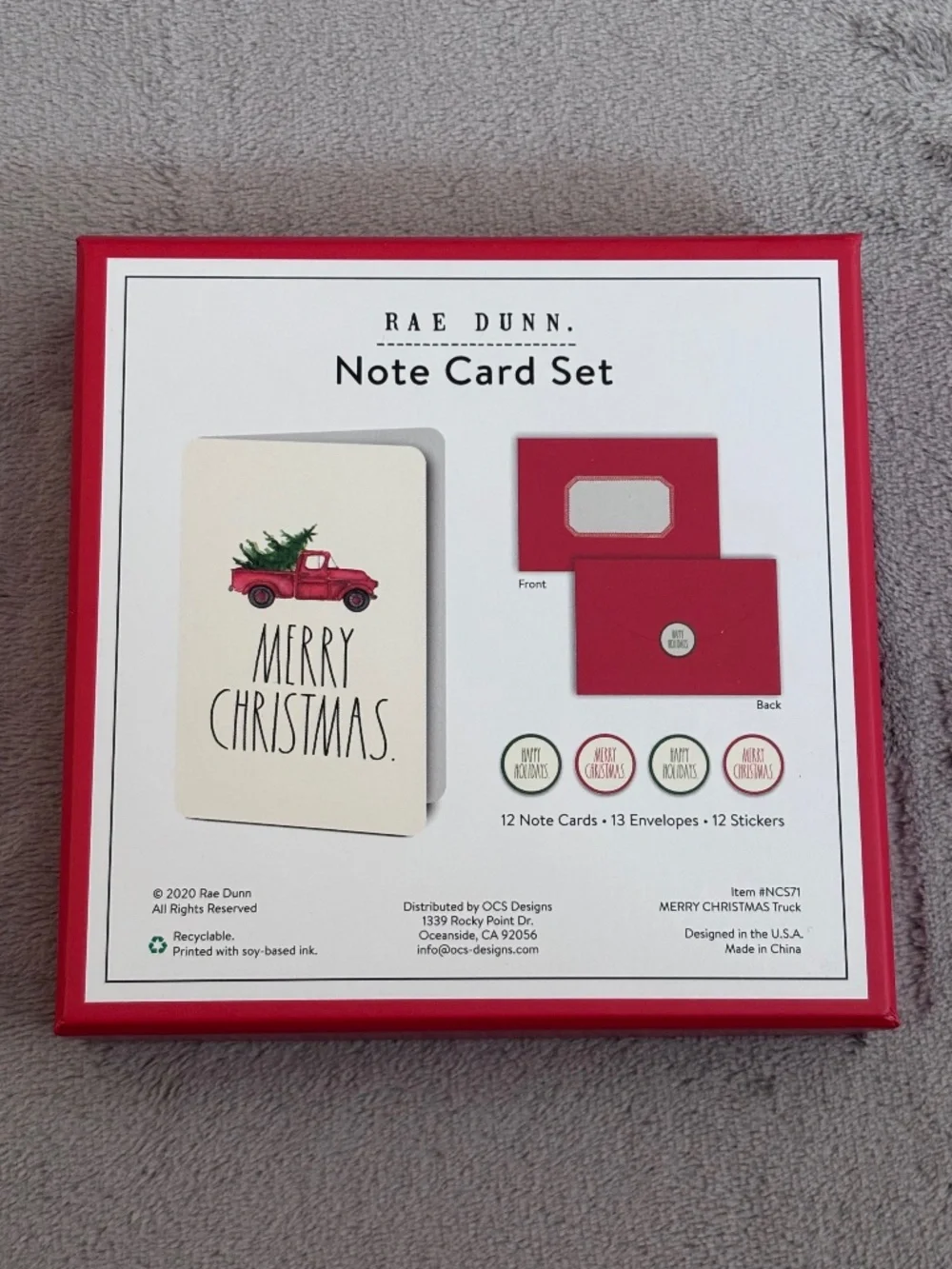 (2 LOT) Rae Dunn Merry Christmas 12 Note Card Set Red Truck & Tree w/Stickers